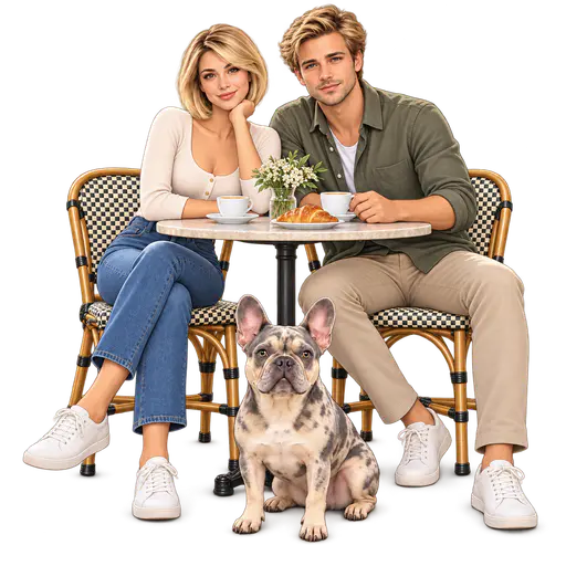 Cartoon illustration of a blonde woman with a short bob and a man seated at a round cafe table with coffee cups, a croissant and a small vase of flowers, a merle French bulldog sitting in front, isolated on a transparent background.