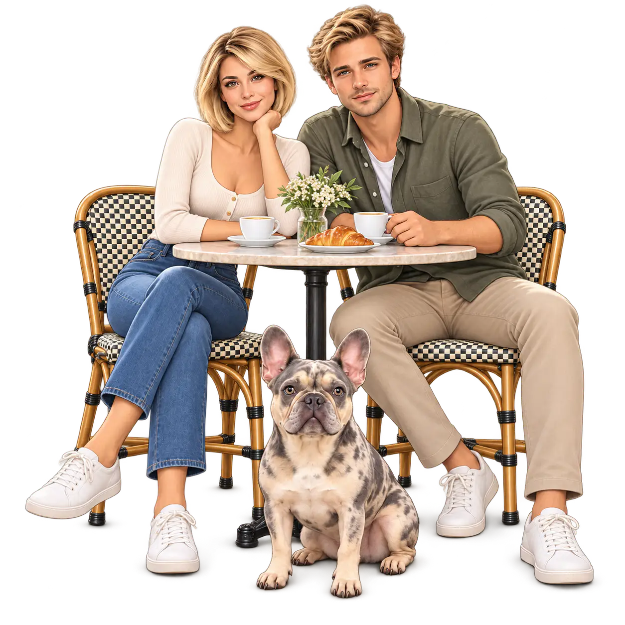 Cartoon illustration of a blonde woman with a short bob and a man seated at a round cafe table with coffee cups, a croissant and a small vase of flowers, a merle French bulldog sitting in front, isolated on a transparent background.