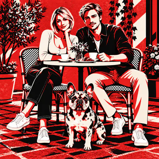 High-contrast graphic poster in crimson red, black and cream showing a blonde woman and a man at a round cafe table with a merle French bulldog, rendered as flat angular shapes over a distressed red ground with checkered chairs and potted plants.