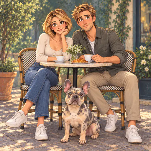 Animated-character portrait: a blonde woman with a short bob and a stubbled blond man with large expressive eyes sit at a round marble cafe table with coffee cups, a croissant and a vase of white sprigs, a merle French bulldog with big round eyes sitting before them on sun-flecked cobbles, rattan chairs and soft greenery painted behind.
