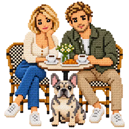 Sema and Allo, rendered in round beads, sit at a cafe table with two cups, a croissant and flowers; mottled upright-eared Mola sits in front. The group has transparent space around it.