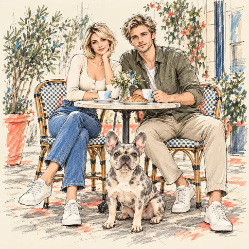 Sketchy pencil drawing with pale washes: a blonde woman with a short bob and a blond man sit at a round marble cafe table with coffee cups, a croissant and a vase of daisies, a spotted French bulldog sitting before them on scribble-shaded paving, potted shrubs and bistro chairs drawn with loose construction lines and coral crayon accents.