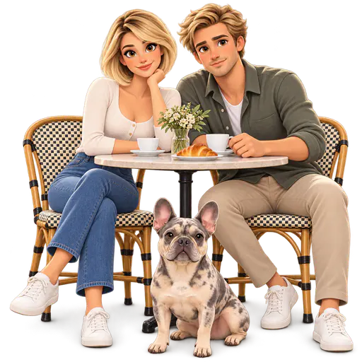 Illustration of a blonde woman with a short bob and a man seated at a round marble cafe table with coffee cups, a croissant and a small vase of flowers, a merle French bulldog sitting in front, drawn with smooth shading and crisp edges on a transparent background.