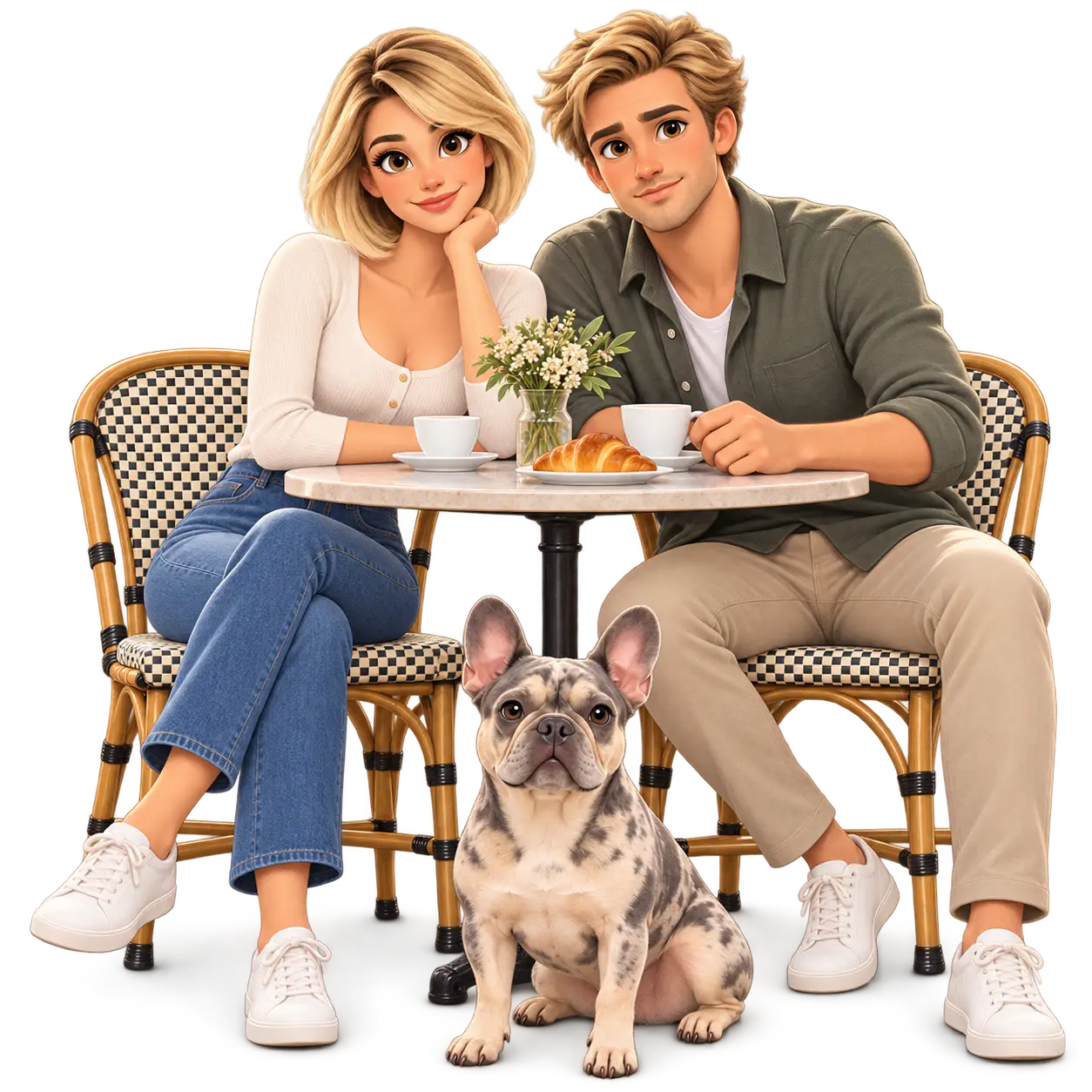 Illustration of a blonde woman with a short bob and a man seated at a round marble cafe table with coffee cups, a croissant and a small vase of flowers, a merle French bulldog sitting in front, drawn with smooth shading and crisp edges on a transparent background.