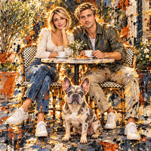 Expressive paint-splatter painting of a blonde woman with a short bob and a blond man seated at a round cafe table with coffee cups, a croissant and a small vase of flowers, a merle French bulldog sitting in front, orange, rust and navy paint splashes and drips covering the scene.