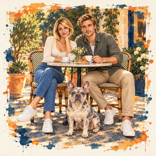 Painterly cafe-scene print on cream paper framed by bold orange brush strokes and navy and orange paint splatters, showing a blonde woman and a man at a round cafe table with a merle French bulldog, potted olive trees and a sunlit stone terrace in warm orange, navy and cream.