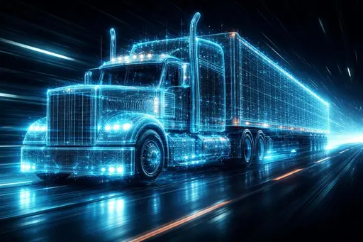 A glowing cyan digital wireframe of a semi-truck traveling through a dark motion-blurred tunnel, perfect for tech-themed wallpapers or industrial headers.