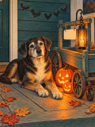A gray-muzzled senior dog with a cream chest patch lies relaxed on a porch floor beside a small teal wooden lantern cart. A lit glass lantern and two carved pumpkins cast warm pumpkin-orange light, and paper bats are strung on the teal wall behind. Colored-pencil halloween pet portrait.