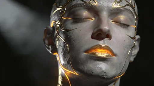 Close-up digital painting of a serene graphite-gray face with continuous gold and soft-amber contour lines, subtle warm reflections against a deep shadowy backdrop.