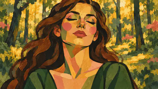 A young woman with closed eyes in warm forest light, her face serene.