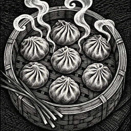 A black and white wood engraving seen from above: a bamboo steamer holds six pleated dumplings around a seventh in the centre, curls of white steam spiral up and chive stems cross the rim at the lower left.
