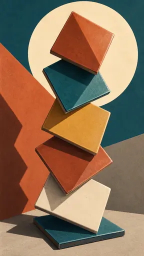 Several square ceramic tiles in terracotta, cream, deep teal and mustard fan and overlap at diagonal angles in front of a large pale circle in deco planes.
