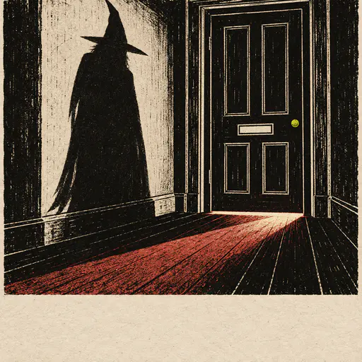 Linocut poster of a closed front door seen from a dark hallway; a blade of light runs under the door and a giant shadow wearing a tall pointed witch hat already stretches up the inside wall, with nobody there. Eerie Halloween poster illustration with an empty title band below.