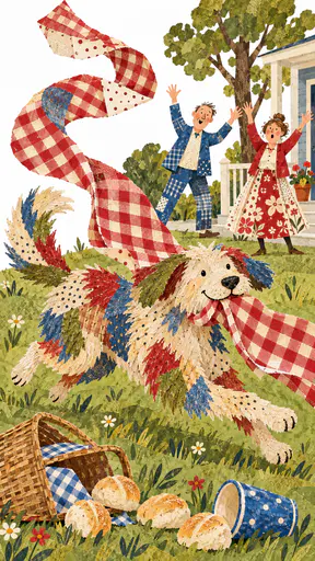 A shaggy dog sprints across a lawn with a red checked picnic blanket in its jaws past a spilled roll basket and two surprised neighbours in front of a porch in folk patchwork.
