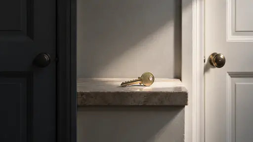 A single brass key rests on a pale stone sill midway between two plain painted doorframes in a corridor, a thin beam of diffuse light falling on it with the two closed doors dim on either side.