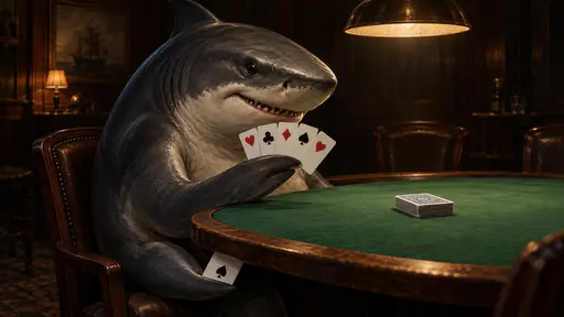 Card shark: a shark sits at a round green felt card table in close three-quarter view, fanning five playing cards in one pectoral fin, the faces carrying only red and black suit symbols. Its other fin turns palm-up beneath the table edge, sliding a sixth card with a single large spade pip into…