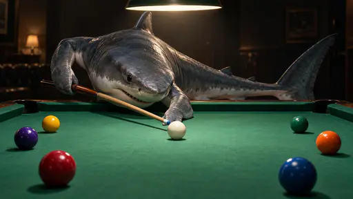 Pool shark: a shark leans low over the green baize of a billiards table, its long body stretched along the rail, holding a wooden cue braced between its pectoral fins with the tip drawn back just short of the white cue ball. Its small black eye sits level with the shaft. A focused overhead lamp…