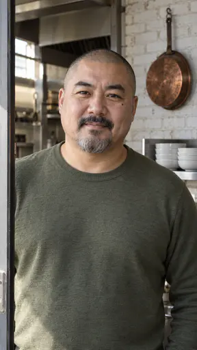 A man in his mid forties with a shaved head, salt-and-pepper goatee and a small mole under one eye, in an olive-green sweater in a kitchen doorway beside a whitewashed brick wall with a hanging copper pan and white bowls.