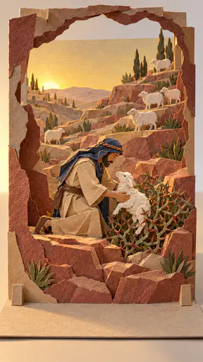 A shepherd in a sand coloured robe kneels on a rocky ledge lifting a small white sheep from a thorn bush before a hillside of folded paper terraces and a flock of paper sheep at dawn in a pop up stage.