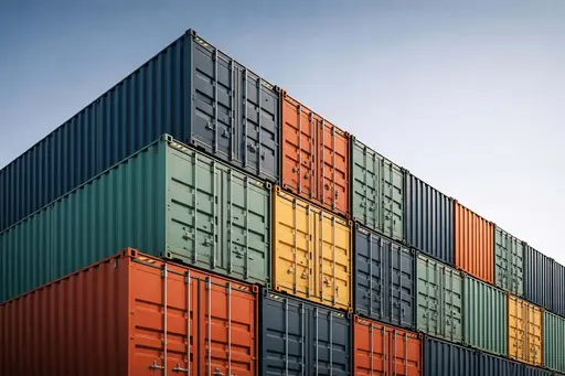 Shipping containers stacked in precise repeating geometry, photographed as an architectural study with bold color blocks and a 3:2 poster-style crop.