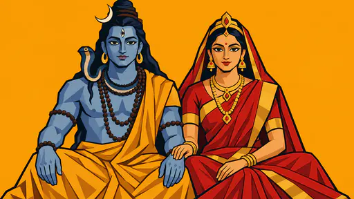 Shiva in blue grey with a third eye and a crescent moon sits beside Parvati in a deep red sari with gold borders in calm companionship on a flat saffron ground in bold fauve planes.