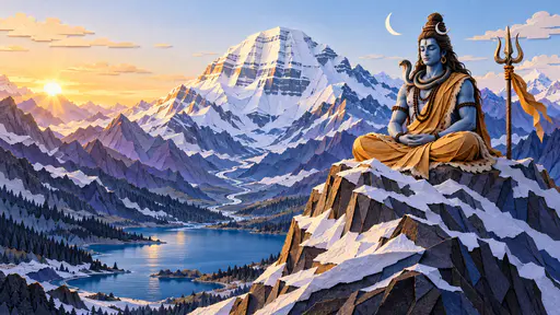 Shiva sits in meditation at the summit of a snow white Mount Kailash with a trident beside him and a crescent moon above while folded paper layers descend to a lake.