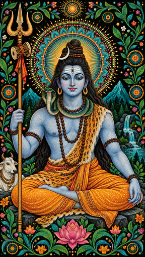 Shiva sits serenely with a third eye, a crescent moon in matted hair and a snake at his neck holding a trident with a small drum before a dotted sunburst halo on a black ground in folk art.