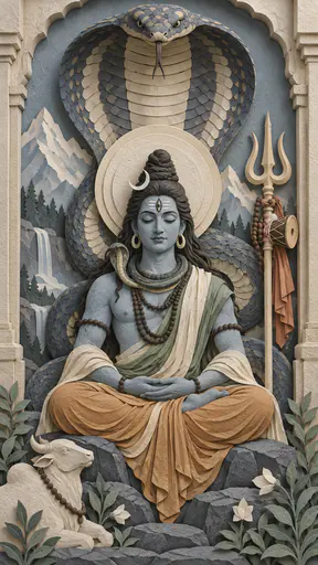 Shiva sits serenely in cut paper layers with a large coiled serpent rising behind him its hood spreading over his head, a third eye, a crescent moon, a trident and a small drum.
