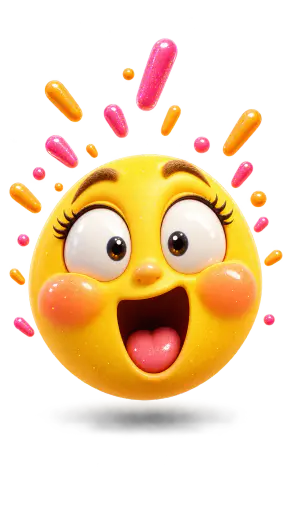 A plump claymorphic yellow smiley face in shocked delight with raised eyebrows, huge round glassy eyes, a wide open round mouth and candy sprinkles, isolated on a transparent background.