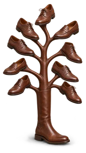 Shoe tree: frontal three-quarter studio photograph of a small sculptural tree built entirely from brown leather shoes, one tall boot as the trunk and smaller shoes branching on leather stems, isolated with a soft contact shadow.