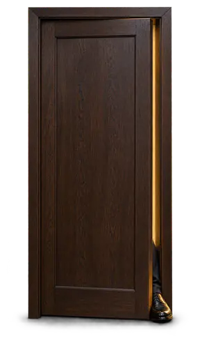 A foot in the door: a heavy dark-wood office door nearly shut, its edge pressing on the polished toe of one black shoe wedged in the narrow gap, with warm golden light spilling through the slit onto the leather.