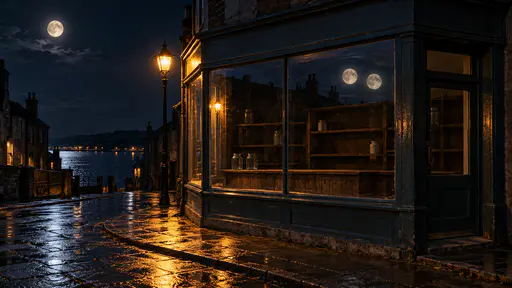 Cinematic night photograph for a Halloween shop-window background: an old empty corner shop with bare shelves and plain unmarked jars behind dark glass, the window reflecting two full moons while the real sky above holds only one, warm amber streetlight on wet flagstones under blue-grey shadows. The quiet dark sky beside the moon is the declared copy zone; the moons and window stay readable at thumbnail size.