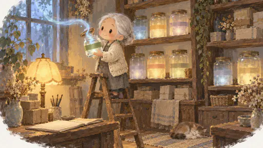 A very small elderly woman with a silver bun and cream cardigan stands on a stepladder holding open a green-banded glass jar as a soft glowing ripple of pale blue light, a borrowed echo, curls down into it among shelves of faintly glowing jars.