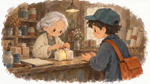 A very small elderly woman with a silver bun and cream cardigan wraps a small sleeping golden star in cream paper tied with red string, its glow showing through, while a young courier in a teal cap with an orange satchel waits with open hands across the counter.