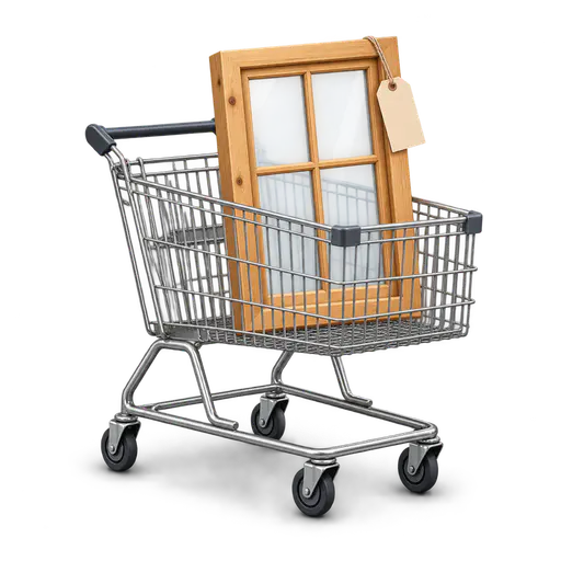 Window shopping: a steel wire shopping cart viewed at eye level carries a single upright wooden-framed house window in its basket, a blank paper tag tied to the frame, isolated on transparency with a soft contact shadow under the wheels.