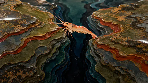 A small shrimp bridges a narrow crevice between two rocks in nested cut lacquer layers of teal, olive and rust with a pale coral shrimp.