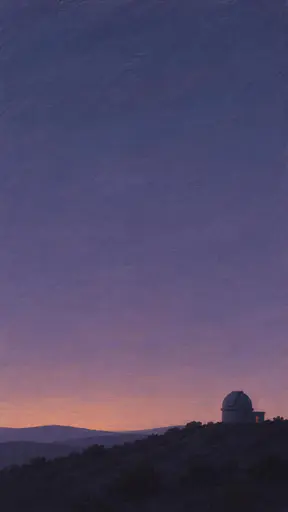 A vast brushed matte-gouache dusk sky in dusty violet and blue-grey, empty of stars, above a low hill where a tiny observatory dome sits with its slit shut and one small warm doorway rectangle glows faintly as its lamp fades.