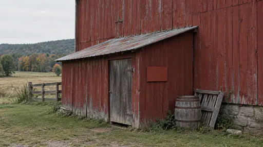 The side wall of a red barn shows a small attached lean-to with its own single-pitch roof along the wall in soft daylight.