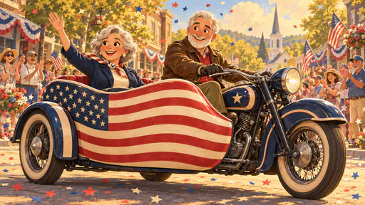 A vintage motorcycle with a giant flag striped sidecar carrying a silver haired man and woman in their sixties through a small town parade as adult spectators cheer and paper stars drift down.