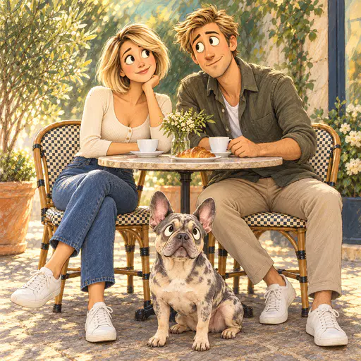 A painted cartoon couple exchanges glances at a cafe table as a wide-eyed French bulldog sits in front looking upward.