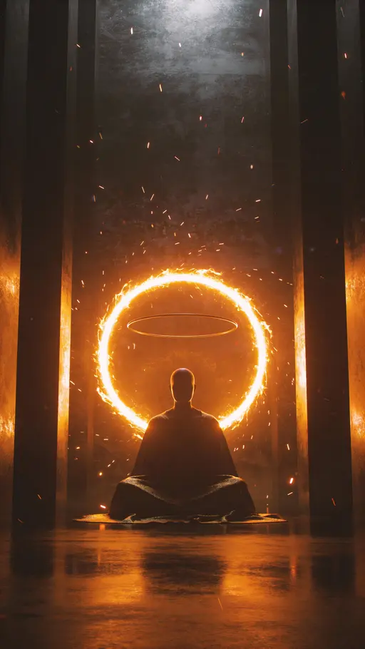 A lone silhouette sits in vertical 9:16 stillness beneath a fiery circular halo of molten light, embers drifting through dramatic shadows that suggest ancient, cinematic power.