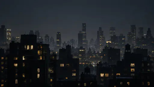 Overlapping dark building silhouettes in three plain depth layers fill the frame at night with scattered lit windows, the nearer shapes darkest.