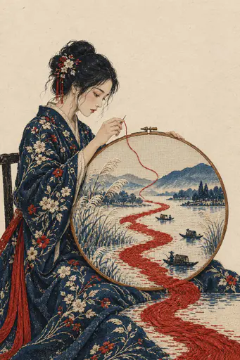A textile performer sits behind a large embroidery hoop while one red silk thread continues into a river carrying three small stitched boats.