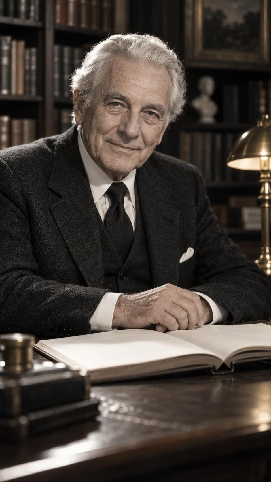 An elderly man with silver hair and kind eyes sits at a wooden desk with his hands folded over an open ledger and a brass lamp beside him in a quiet study with bookshelves behind.