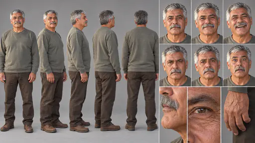 A 16:9 studio character sheet of a man with silver hair and a thick grey moustache in an olive sweater, brown trousers and boots, shown in five full-body views, six expressions and three close details.