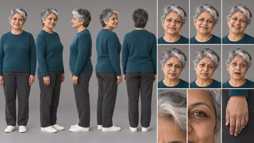 A 16:9 studio character sheet of a woman with short silver hair and a white streak in a teal sweater, charcoal trousers and off-white sneakers, shown in five full-body views, six expressions and three close details.