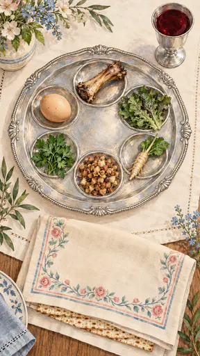 A round silver seder plate seen from above holds a roasted shank bone, an egg, bitter herbs, charoset, parsley and horseradish on a white tablecloth in watercolor.