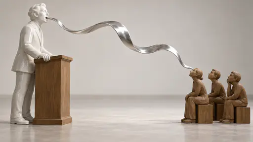 A silver tongue: a smooth porcelain speaker at a plain wooden podium extends a polished silver tongue that unfurls into a thin flowing ribbon curling toward three small carved wooden figures leaning in attentively, soft reflected light.