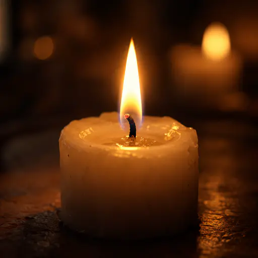 A single candle flame on a white wax candle shows its blue base, yellow-orange body and black curling wick in razor-sharp macro with soft bokeh behind.