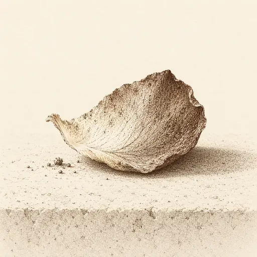A single curved fallen rose petal lies alone on a plain stone ledge with a few pollen crumbs and a soft cast shadow in engraved dots and flicks.